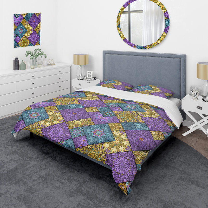 Ensemble de housse de couette à motif doré et mauve, Housse de couette pour très grand lit et 2 très