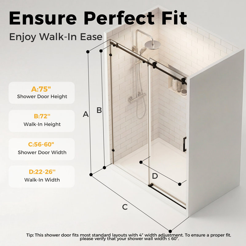 56-60" W X 76" H Frameless Shower Door, Magnetic Sliding Glass Shower Door, 5/16"(8mm) Thick Tempered Glass, Leak-proof Seals, Stainless Steel Hardware, Easy-clean Nano Coating, Matte Black