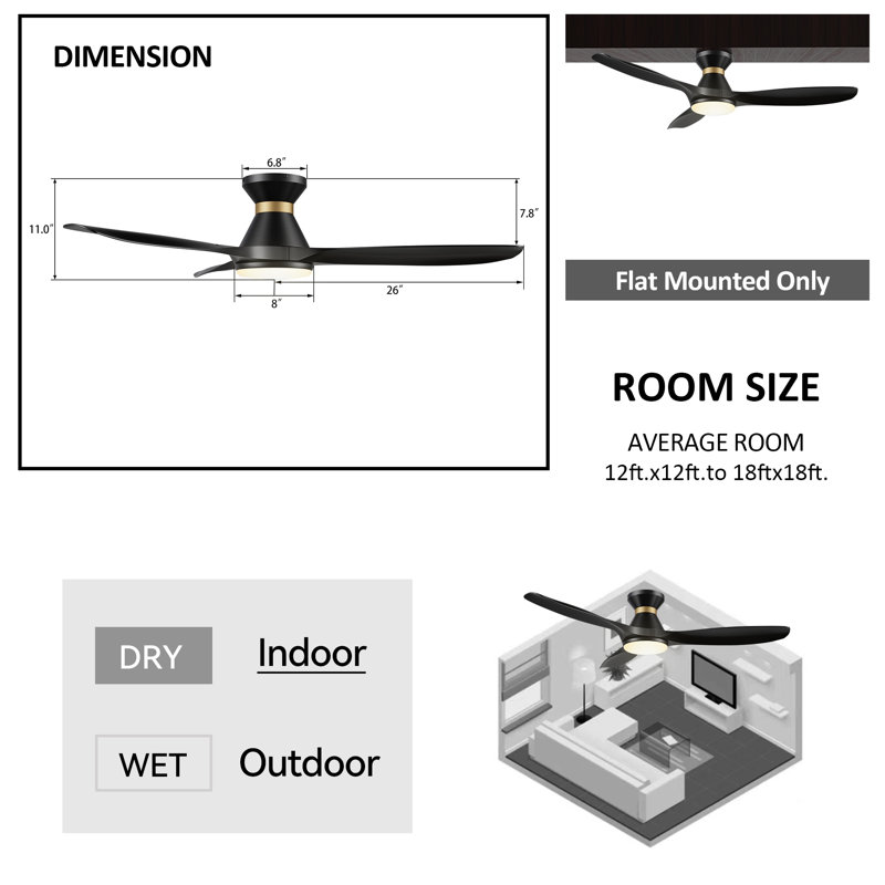 Ventilateur de plafond intelligent à moteur à courant continu de 52 pouces avec lumière, tige et télécommande