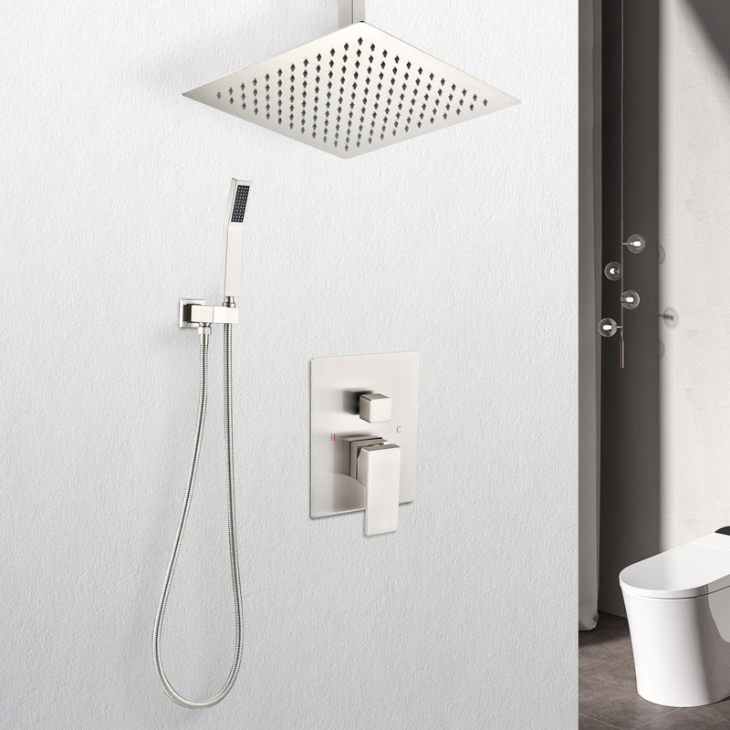 Ensemble de douche de plafond en nickel brossé - tête de 12 po avec une buse autonettoyante à effet de pluie naturelle portative compatible avec tous les accoudoirs standards