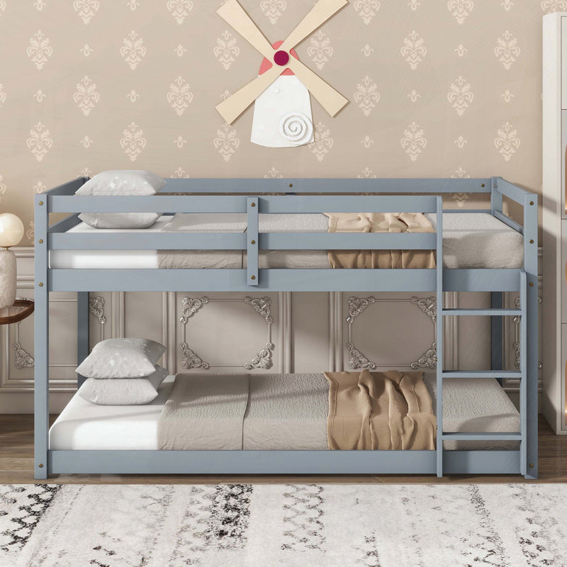 Twin Over Twin Rubber Wood Floor Bunk Bed with Ladder (Upper Slats Only), Gray