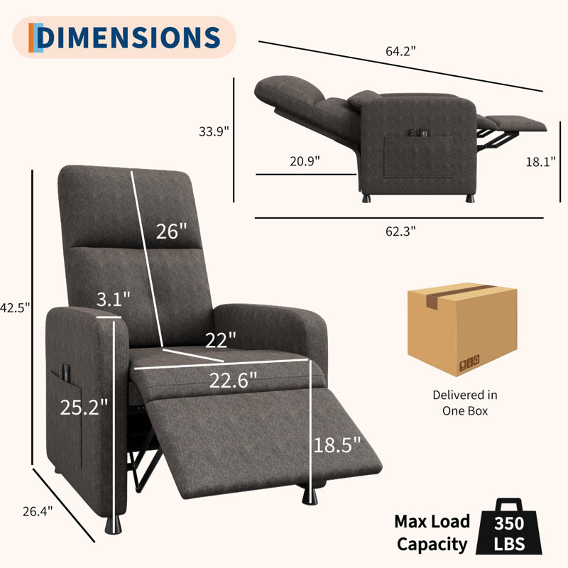 Fauteuil inclinable électrique, fauteuil inclinable électrique en lin réglable avec port USB, dossier haut, siège rembourré et poches latérales