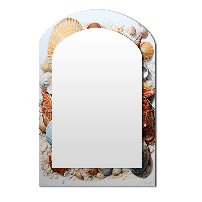 Beach Photo Seashell Beauty III - Coastal Asymmetrical Decorative Wall Mirror, Coral Arch Mirror, Printed Metal Art