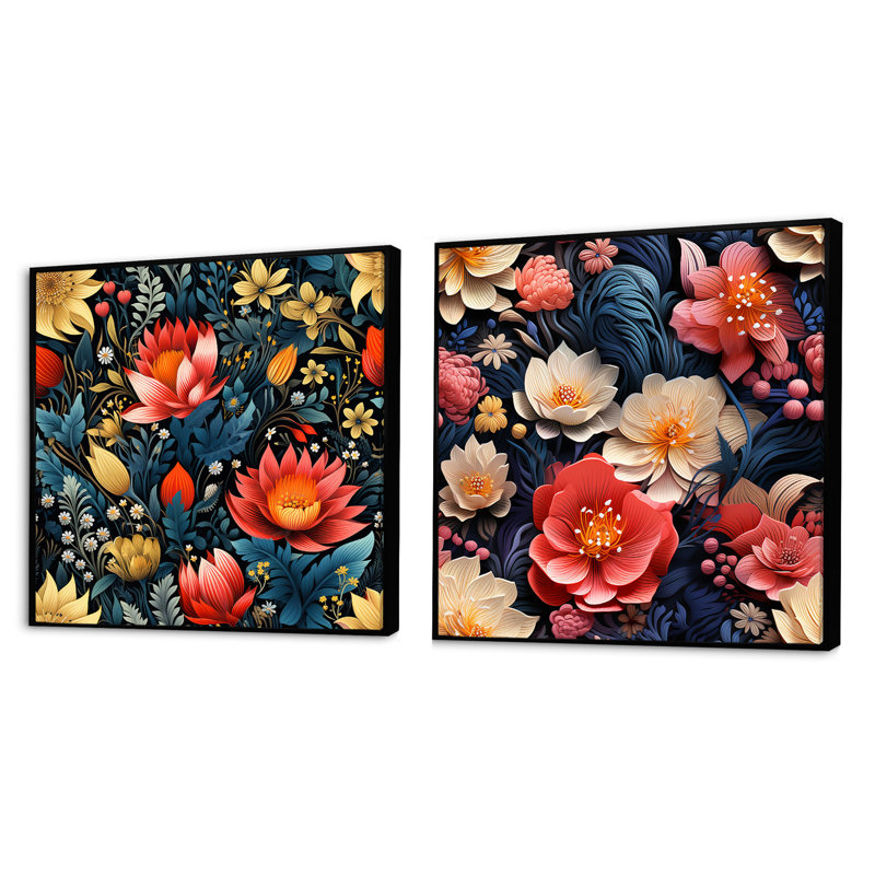 Williamsburg - Ensemble de 2 collages carrés floraux, Cadre flottant noir, H 16 po x l 33 po