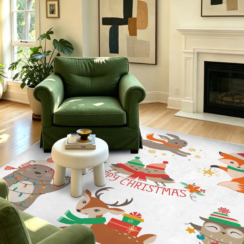 Tapis blanc lavable à la machine à motif de Noël avec bois, Rectangle 39 po x 63 po