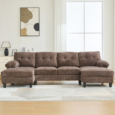 103.5" U-Shaped Chenille Fabric Sectional With Dual Chaise Lounges, Storage Pockets And Soft Armrest Pillows, Suitable For A Stress - Home Brown Couch Two Side Relaxed Gathering