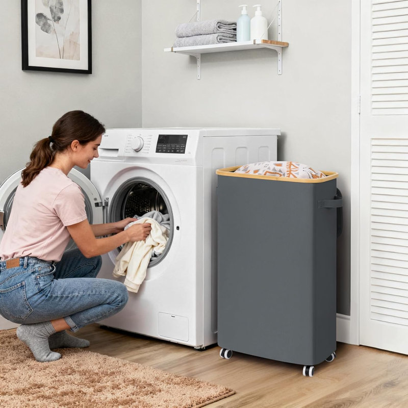 Slim Laundry Basket With Wheels And Lid, 75L Rolling Dirty Clothes Hamper For Dorm Bathroom, Large Laundry Hamper With Bamboo Frame Removable Bag, 17.3" X 9.8" X 27.6"