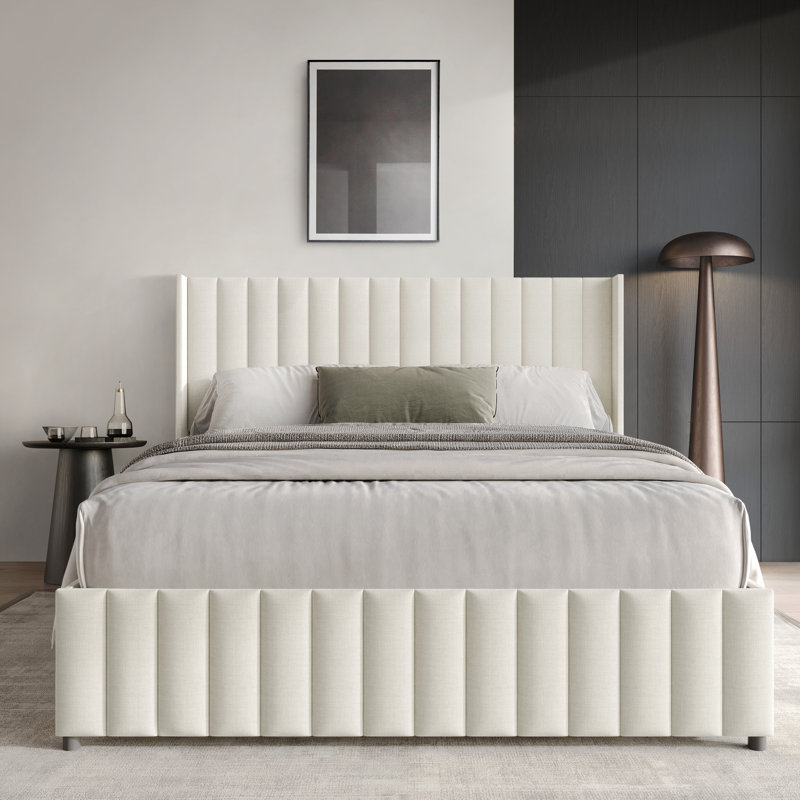 GRANDE PLATE-FORME WINGBACK DE GRANDE TAILLE ÉLEVÉE EN LIN BEIGE, Beige, Grand lit
