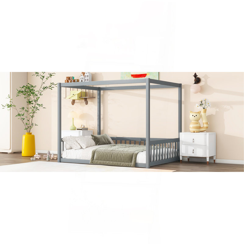 Lit double en bois d'hévéa avec clôture, garde-corps, gris