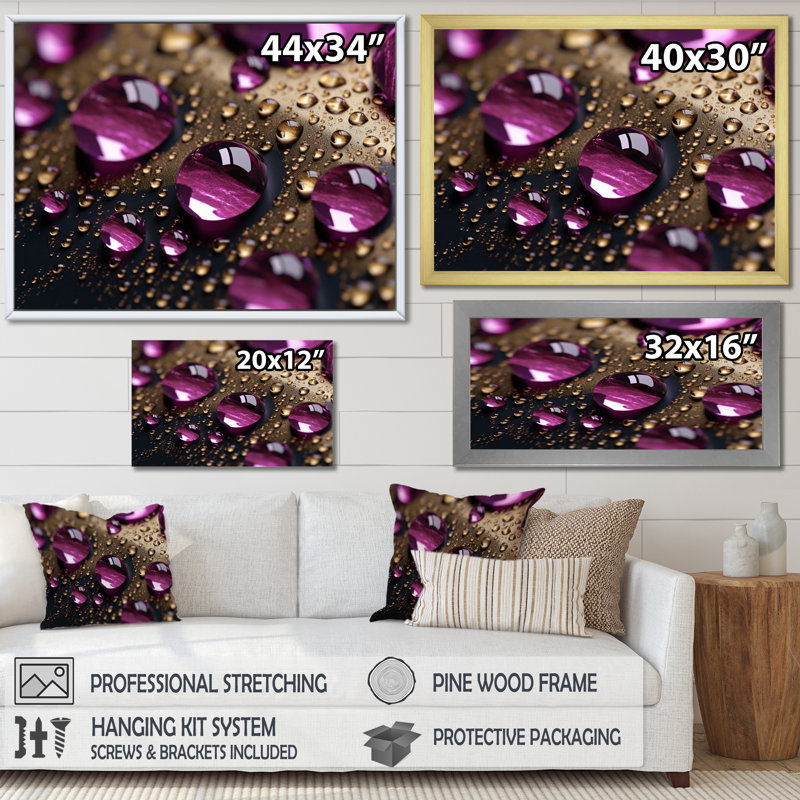 Mauve rose avec des gouttes de pluie sur toile, H 24 po x l 32 po x P 1 po, Cadre flottant noir