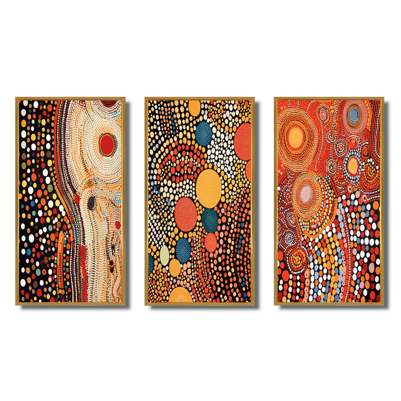 3 pièces sur toile - Compositions ambrées circulaires aborigènes III, Encadrement doré, H 40 po x l 60 po