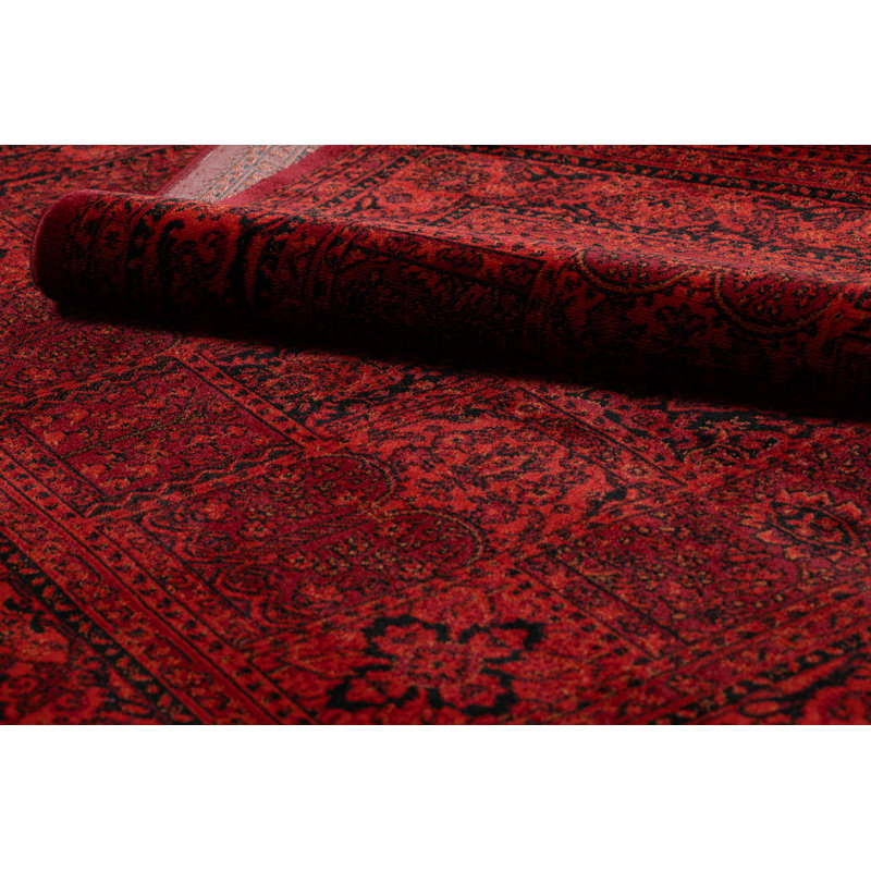 Luca 5365 – Elegant rug with fringes in burgundy & black – Classic Lucaal rug with ornamental & frame pattern