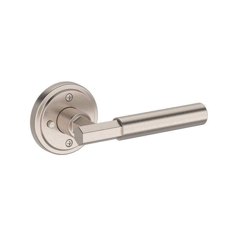 Riddling Privacy Lever with Stepped Round Rose in Lifetime (PVD) Polished Nickel, Satin Nickel