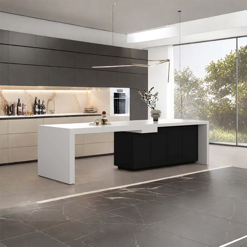 The rock slab island table is retractable