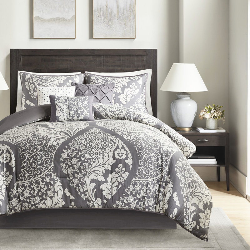 Édredon 7 pièces gris pour lit très grand - coton avec revers uni et détails brodés, Gris