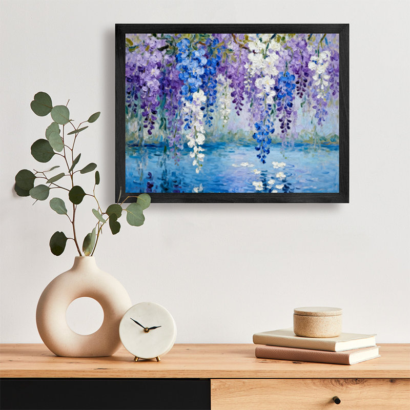 Reproduction d'art encadré noir avec fleurs de glycine rétro sur la surface du lac, H 25 po x l 37 po
