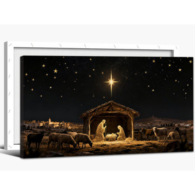 Large Nativity Scene Canvas Wall Art Manger Birth of Jesus Canvas Prints Poster Mary and Joseph Spiritual Painting Picture Ready to Hang Christmas Wall Artwork Home Church Decor, 24×48 Inches