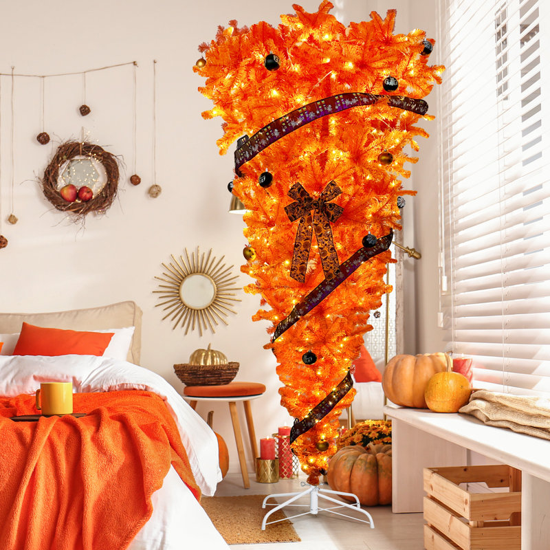 7,5 pi Arbre de Noël orange à l'envers avec 300 lumières chaudes à DEL, décorations d'Halloween et ruban de satin