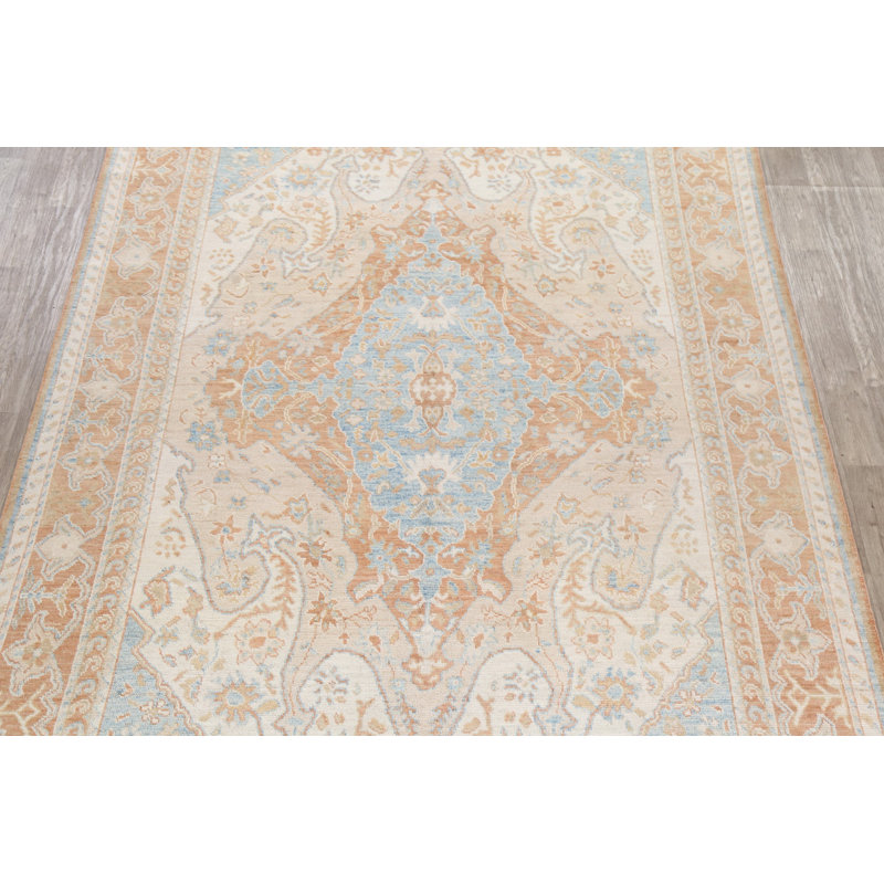Tapis unique en laine noué à la main Oushak nouvel âge de 8 pi 8 po x 12 pi 5 po beige Avariella