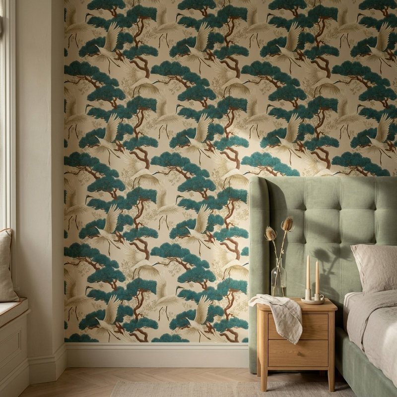 Papier peint oriental Grues et pins, Non-Pasted
