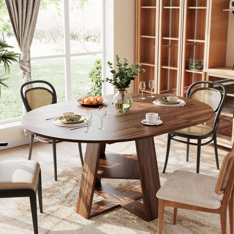 Table de salle à manger ronde extensible pour 4 à 8 personnes, finition noyer, Walnut