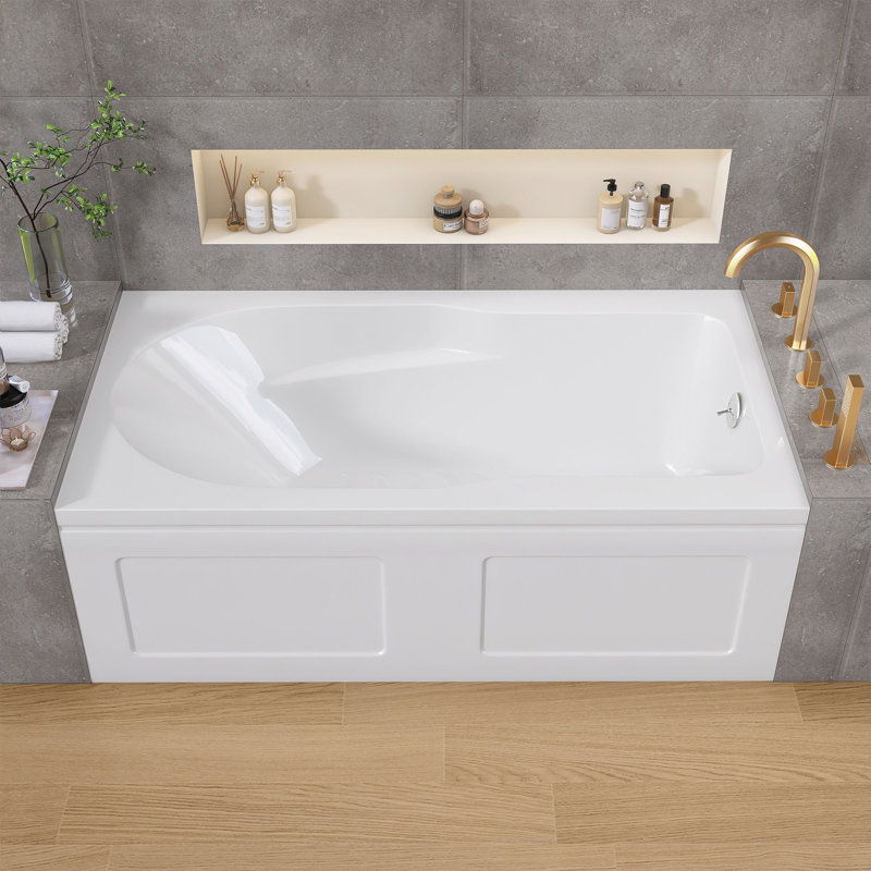 60" x 32" Alcove Acrylic Soaking Bathtub with Apron, Non-Slip Floor, Drain Included, Right Drain, Fiberglass Reinforced