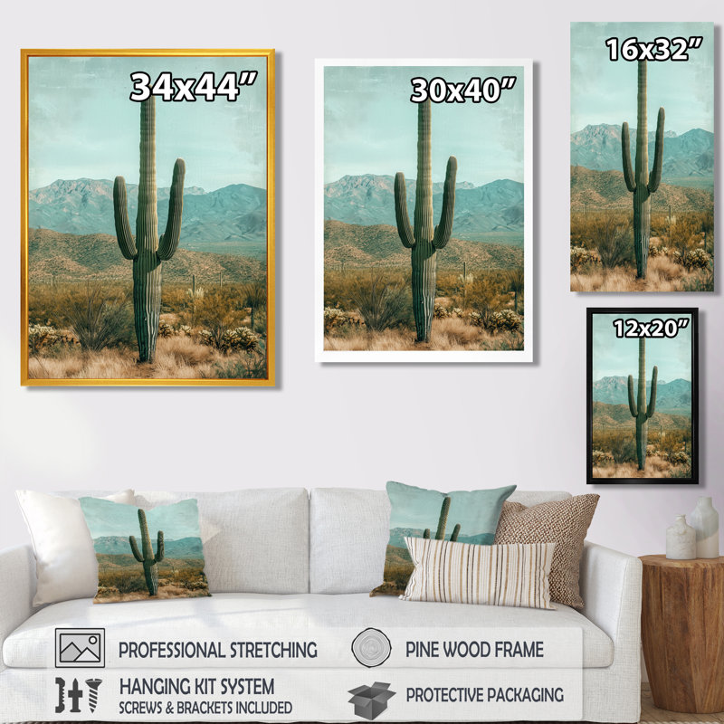 Marishia Cactus and Mountains II - Cactus, art mural sur toile, H 32 po x l 24 po, Reproduction avec cadre flottant, Brun