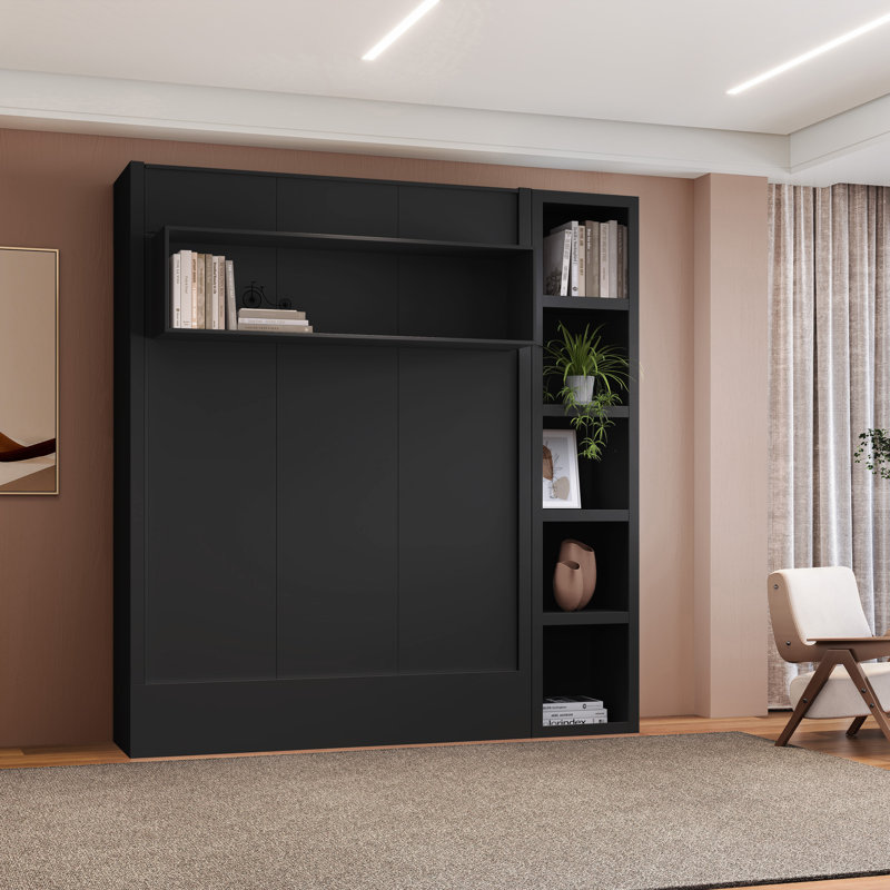 Easy-Lift Murphy Wall Bed with Bookshelf, Black, Full/Double