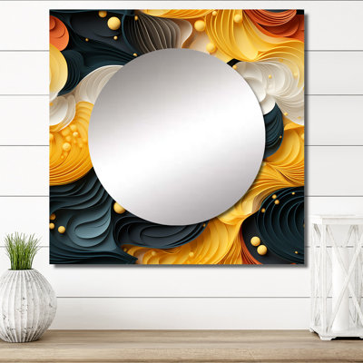 Jaune et noir Midcentury Waves Fusion - art mural moderne miroir carré pour salle de bain