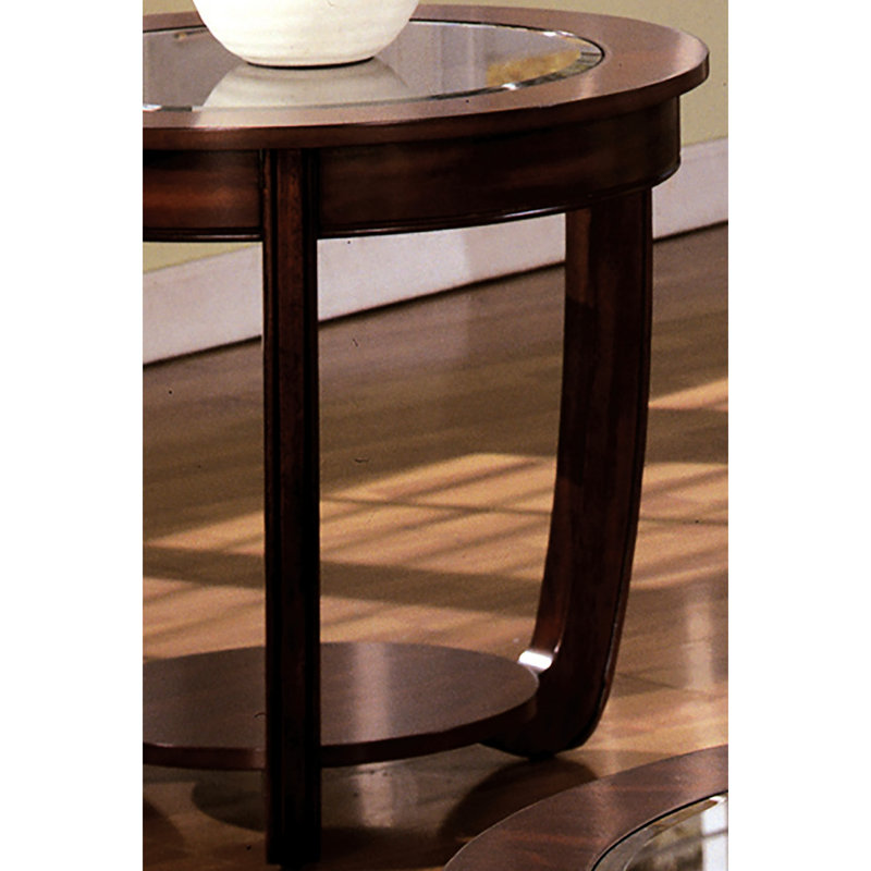 Table de bout cerisier foncé en bois d'hévéa avec plateau en verre biseauté et tablette classique