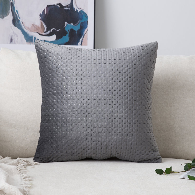 Ultrasonic Square Print Geometric Velvet Reversible Throw Pillow, Gray