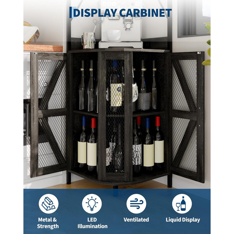 72'' Corner Wine Cabinet with Power Outlet, Industrial 5-Tiers Liquor Cabinets Bar, Black