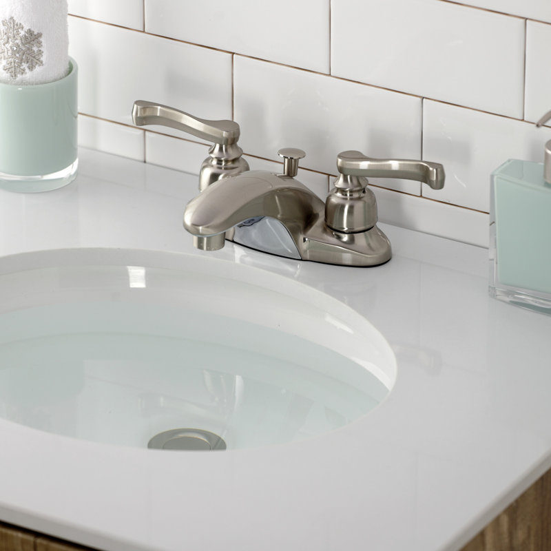 Kingston Brass Royale Two-Handle 3-Hole Deck Mount 4" Centerset Bathroom Faucet with Plastic Pop-Up, Brushed Nickel