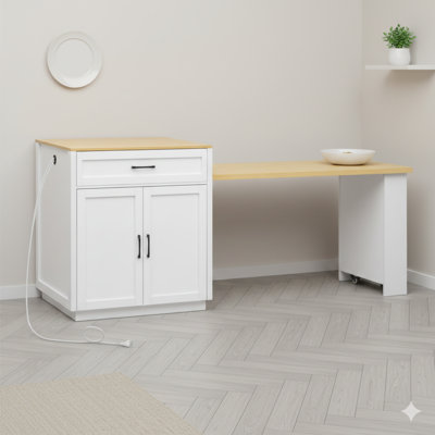 Îlot de cuisine de 82,7 pouces avec table de salle à manger extensible pour 4 à 6 personnes, finition bicolore, table de cuisine avec rangement double, prise de courant intégrée, 2 tiroirs et 2 tablettes latérales exposées - fini blanc