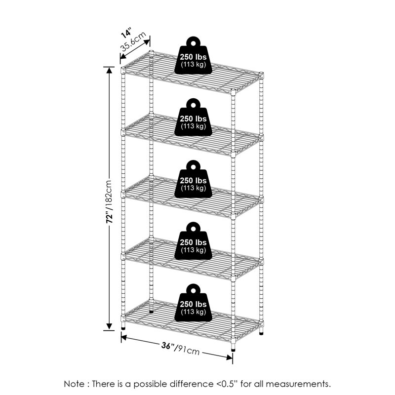 Canika Stainless Steel Storage Rack, Black, 182.88cm H x 91.44cm W x 35.56cm D