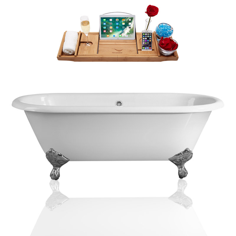 Baignoire de trempage sur pattes 66 "avec drain, pattes et plateau en bambou 66" Streamline, Chrome poli, Chrome poli