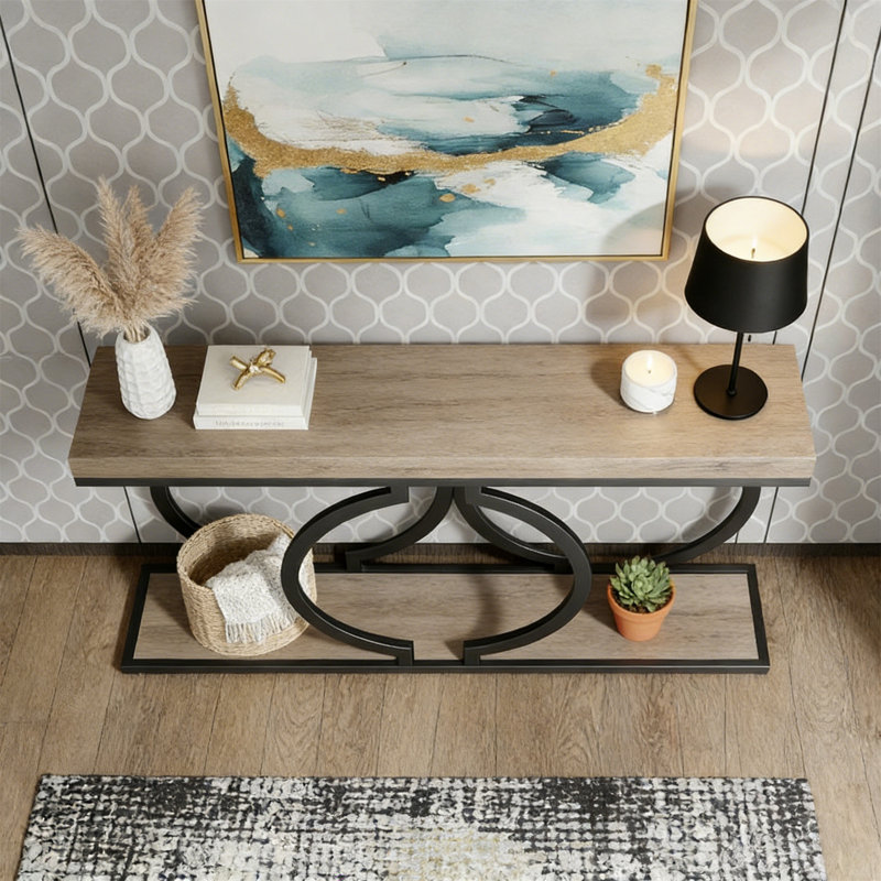 Console 55 po, canapé d'entrée étroit avec structure en métal géométrique, Noir, Brun rustique