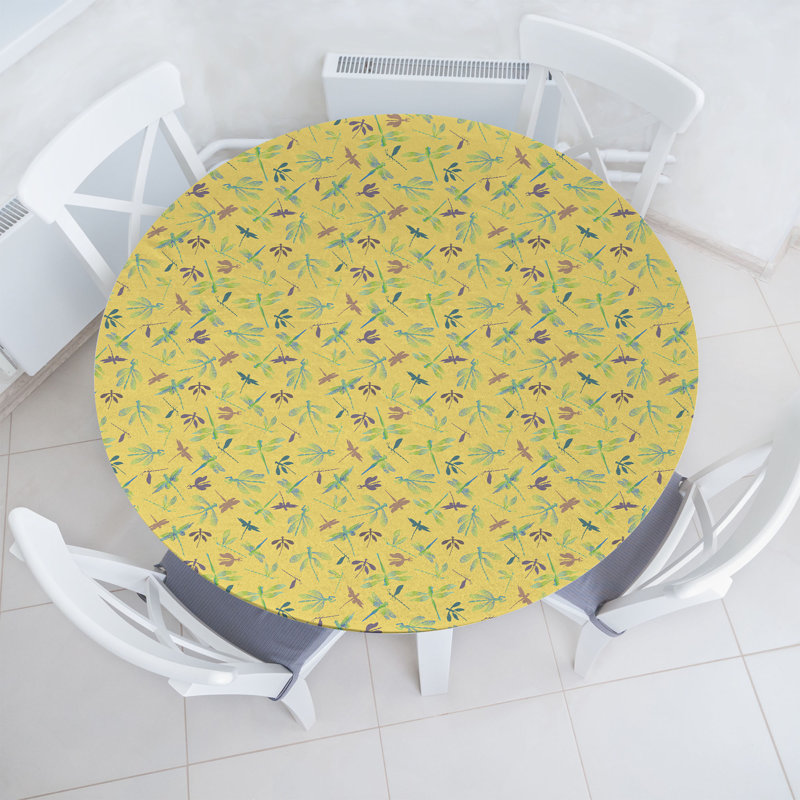 East Urban Home Dragonfly Fitted Round Tablecloth 45"- 56" Diameter Pale Camel Warm Taupe, 64.17" Round