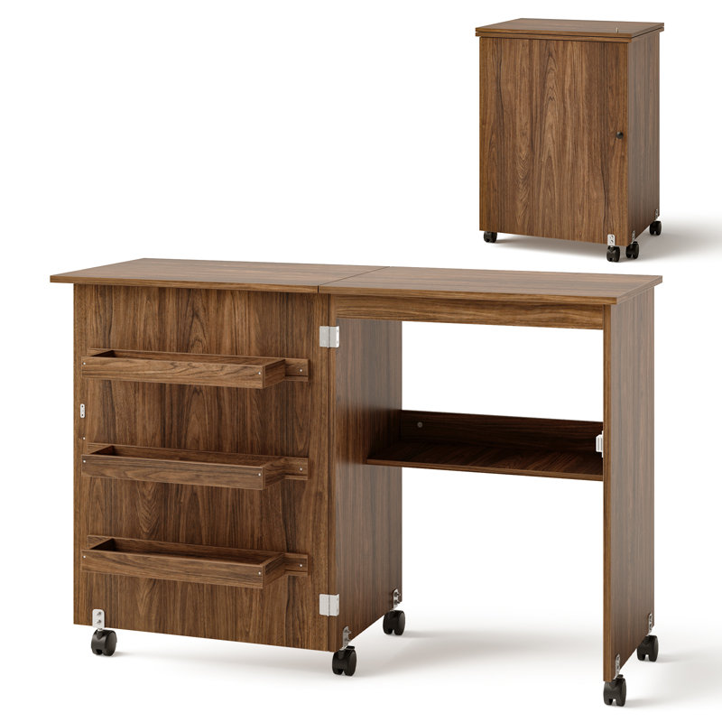 Nagisa 119cm x 40cm Foldable Sewing Table with Sewing Machine Platform and Wheels, Brown
