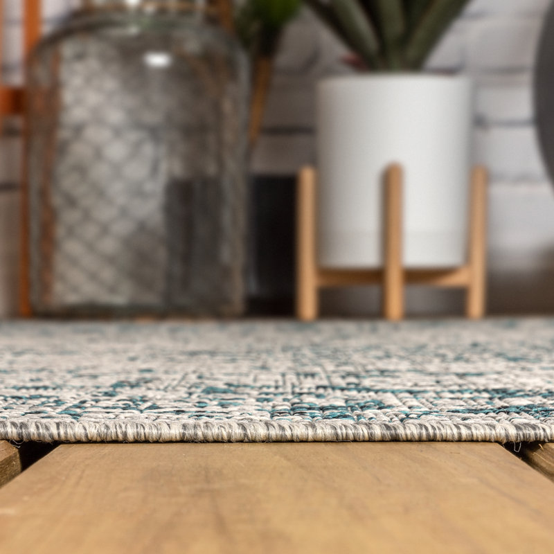 Tapis d'intérieur / extérieur gris / bleu sarcelle Nate Boho, Rectangle 7 pi 9 po x 10 pi