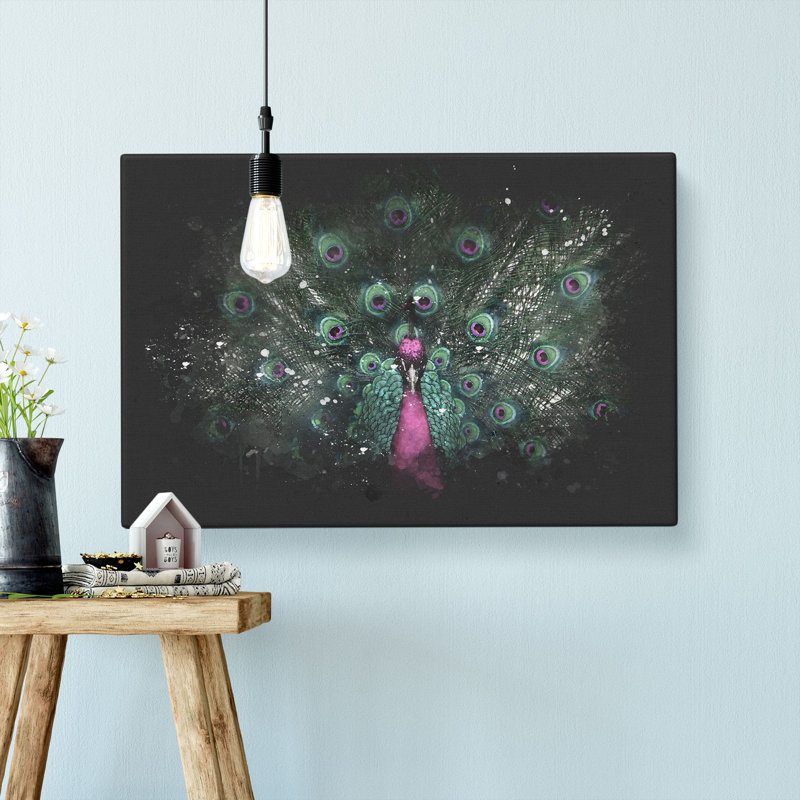 Mesmerising Pink & Green Peacock - Wrapped Canvas Print, 60cm H x 91cm W x 3cm D