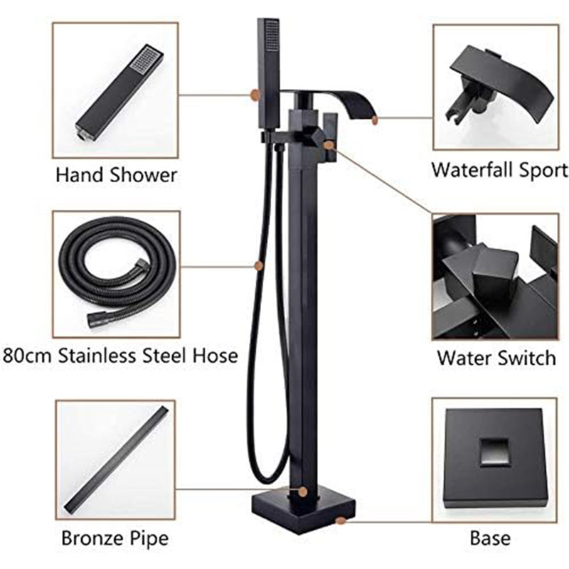 Floor Mounted Freestanding Bathtub Faucet Waterfall Tub Filler with Diverter, Mattle Black