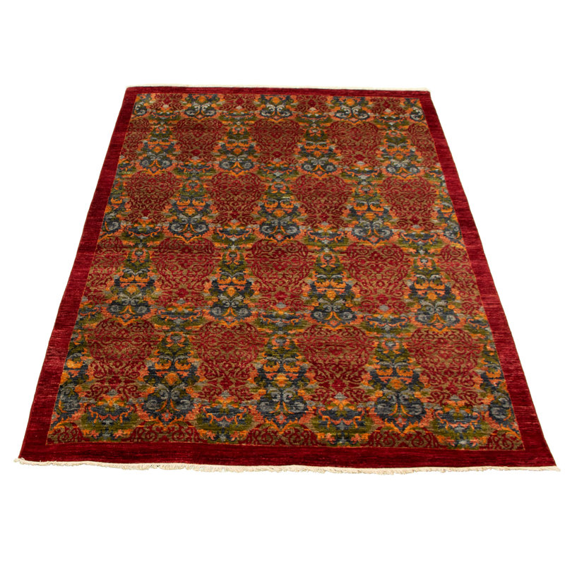 Tapis unique en laine noué à la main rouge foncé 5 pi 11 po x 9 pi 1 po nouvel âge Lahore Finshika One-of-a-Kind