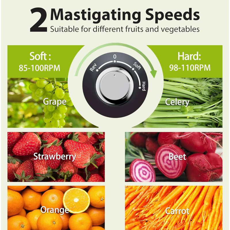 Aeitto Slow Masticating Juicer: 3 Modes Soft Hard Reverse, Ultra-Quiet Motor, One-Button Disassembly, Dishwasher-Safe Parts, 12-Month Warranty