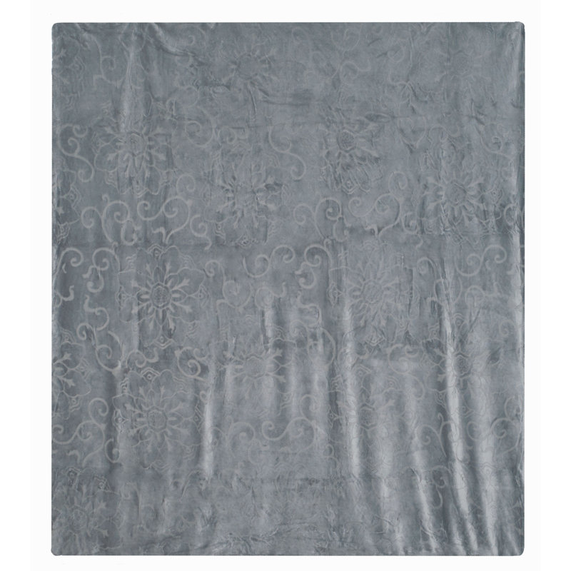 Grey Full/Queen Floral Etched Fleece Blanket with Sherpa