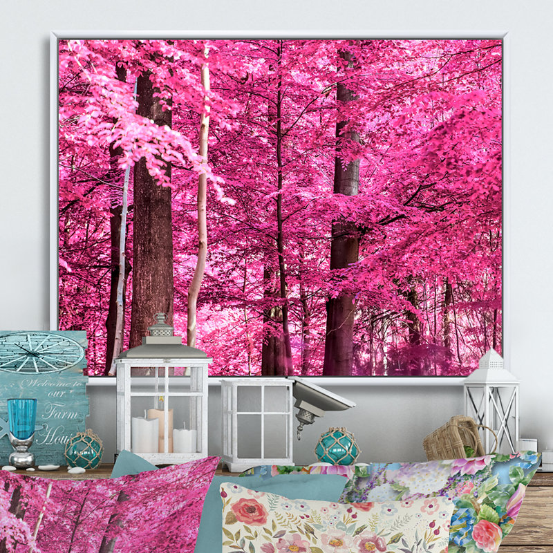 «Pink and Purple Fantasy Forest III», reproduction sur toile flottante, H 12 po x l 20 po x P 1 po, Cadre flottant blanc