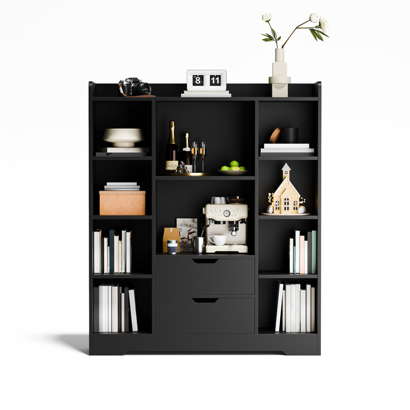 Achnas 39" W x 47" H Storage Bookcase with 10 Cubes and 2 Drawers, Black