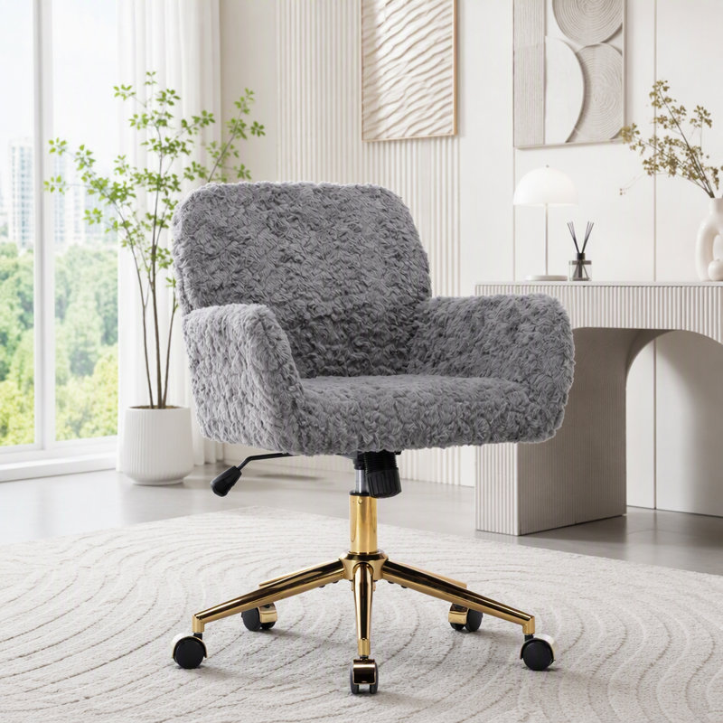 Chaise de bureau pivotante en faux alpaga et base dorée, Grey