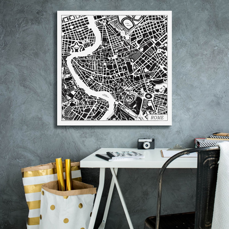 «Rome Map Black» par Laura Marshall, art mural sur toile, H 26 po x l 26 po x P 1,5 po