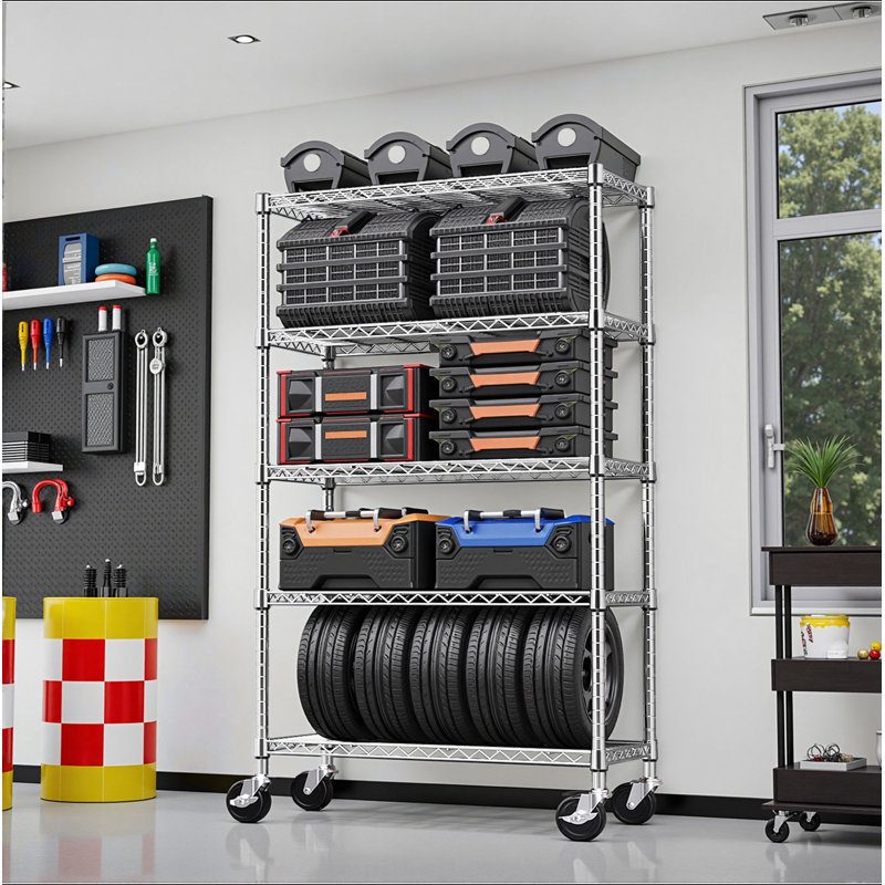 Étagère de rangement à 5 tablettes, étagère grillagée en métal robuste, étagère de garage réglable pour garde-manger (chrome, 5 niveaux, P 17,7 po x l 47,2 po x H 75,6 po)